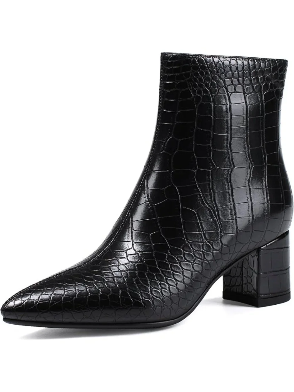 Women Crocodile Black Pointed Toe Comfortable Chunky Heel Side Zipper Ankle Boot